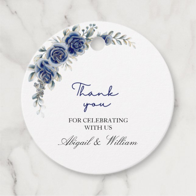 Elegant Blue Floral & Botanical Wedding Favour Tag (Front)