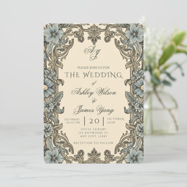 Elegant Blue Floral Botanical Wedding Invitation (Standing Front)