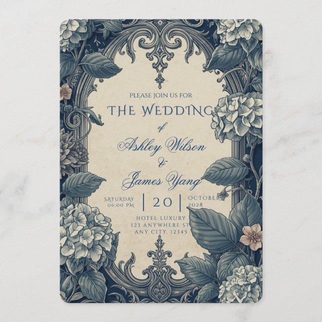 Elegant Blue Floral Botanical Wedding Invitation (Front)