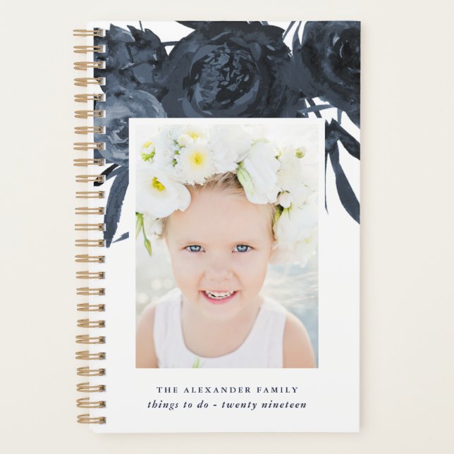Elegant Blue Floral Bouquet with Name and Photo Planner (Front)