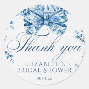 Elegant Blue Floral Bow Calligraphy Thank You Classic Round Sticker