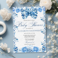 Elegant Blue Floral Bow Chic Toile Baby Shower