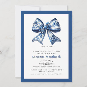 Elegant Blue Floral Bow Photo Graduation Party Invitation