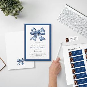 Elegant Blue Floral Bow Photo Graduation Party Invitation