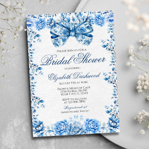 Elegant Blue Floral Bow Regency Era Bridal Shower Invitation
