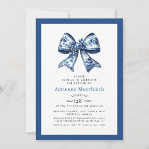 Elegant Blue Floral Bow Ribbon Baptism Invitation