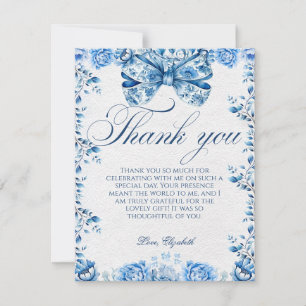 Elegant Blue Floral Bow Script Thank You Card