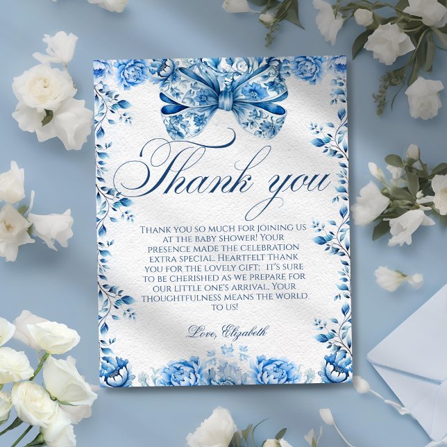 Elegant Blue Floral Bow Script Thank You Card (Creator Uploaded)