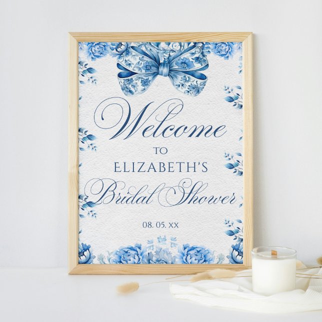 Elegant Blue Floral Bow Toile Calligraphy Welcome Poster (Creator Uploaded)