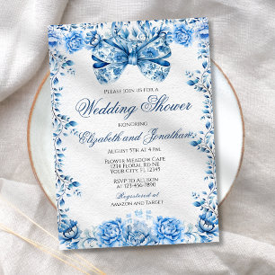 Elegant Blue Floral Bow Wedding Couples Shower Invitation
