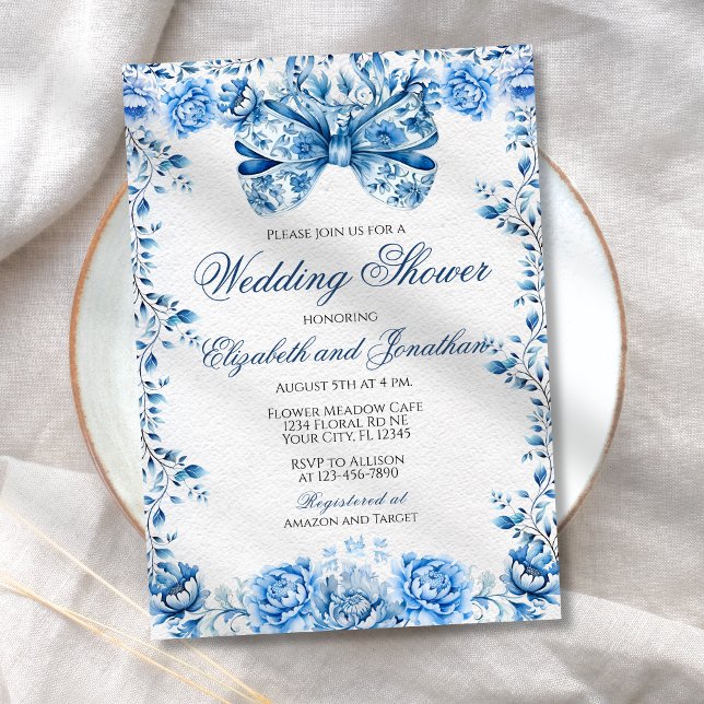 Elegant Blue Floral Bow Wedding Couples Shower Invitation (Creator Uploaded)