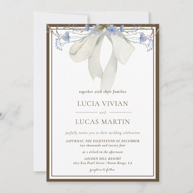 Elegant Blue Floral Bow Wedding Invitation (Front)
