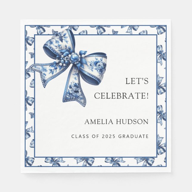 Elegant Blue Floral Bows Class Of 2025 Napkin (Front)