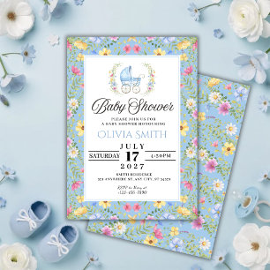 Elegant Blue Floral boy Baby Shower Invitation