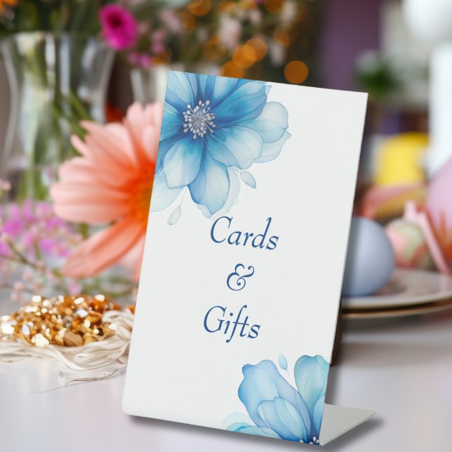 Elegant Blue Floral Bridal Shower Cards and Gifts Pedestal Sign (Creator Uploaded)