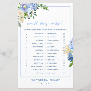 Elegant Blue Floral Bridal Shower Game Printed