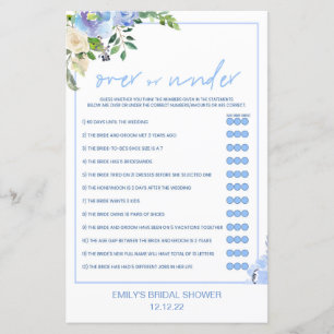 Elegant Blue Floral Bridal Shower Game Printed