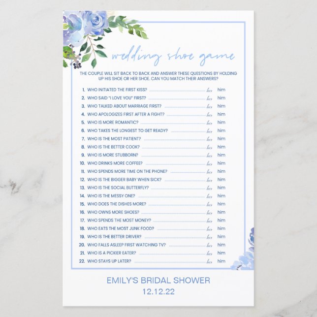 Elegant Blue Floral Bridal Shower Game Printed (Front)