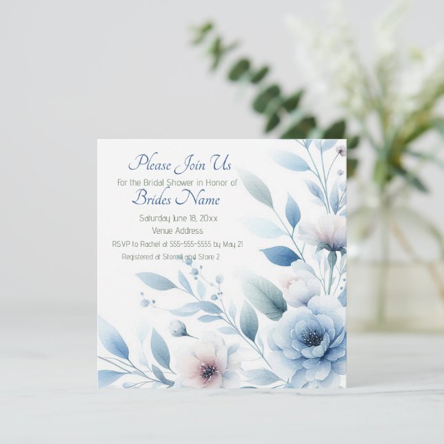 Elegant Blue Floral Bridal Shower Invitation (Standing Front)