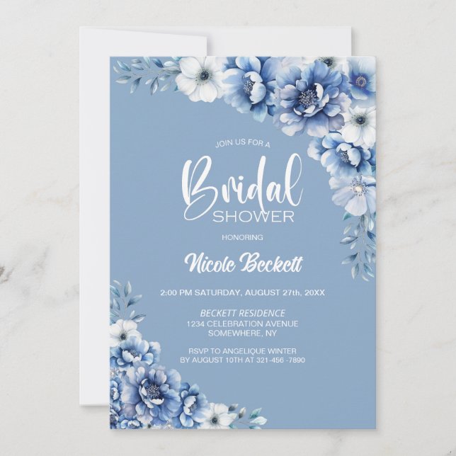 Elegant Blue Floral Bridal Shower Invitation (Front)