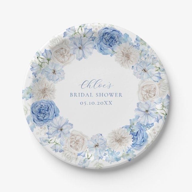 Elegant Blue Floral Bridal Shower Paper Plate (Front)
