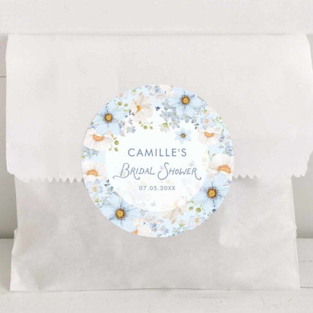 Elegant Blue Floral Bridal Shower Round Sticker (blue Floral bridal shower round sticker)