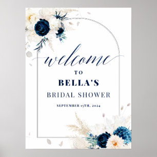 Elegant Blue Floral Bridal Shower Welcome Poster