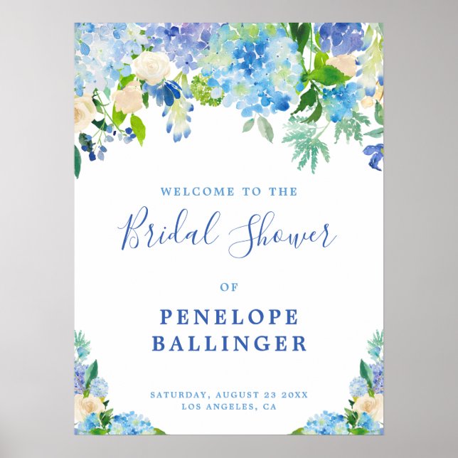 Elegant Blue Floral Bridal Shower Welcome Sign (Front)