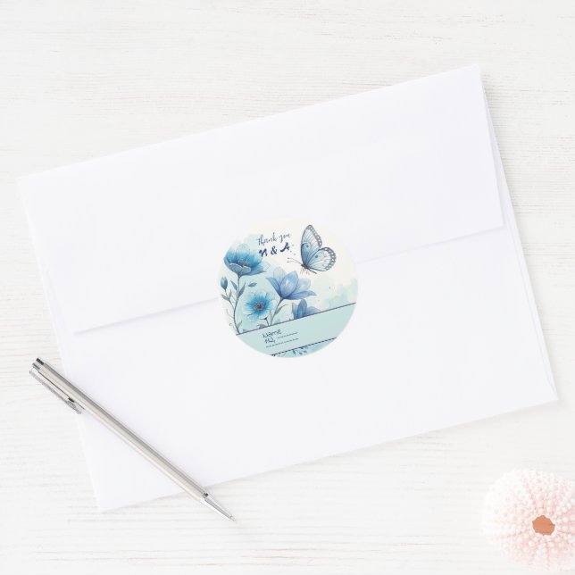 Elegant Blue Floral & Butterfly Custom  Classic Round Sticker (Envelope)