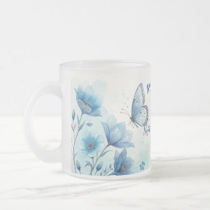 Elegant Blue Floral & Butterfly Custom  Frosted Glass Coffee Mug