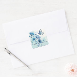 Elegant Blue Floral & Butterfly Custom Square Sticker