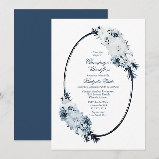 Elegant Blue Floral Champagne Breakfast Invitation (Front/Back)