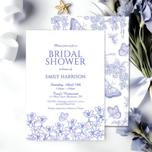 Elegant Blue Floral Chinoiserie Bridal Shower Invitation (Elegant blue chinoiserie bridal shower invite with delicate butterflies and florals. Trendy Vintage)