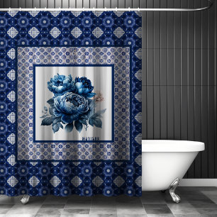 Elegant Blue Floral Chinoiserie Toile Monogram Shower Curtain