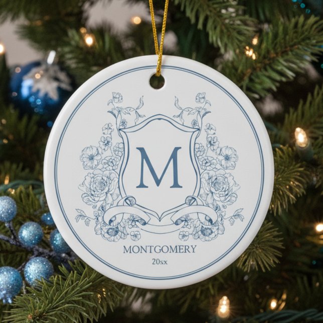 Elegant Blue Floral Christmas Ornament (elegant blue white monogram christmas ornament with family crest initial, custom name and est date)