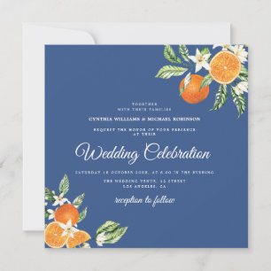 elegant blue floral citrus wedding invitation