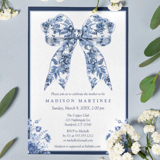 Elegant Blue Floral Coquette Bow Boy Baby Shower Invitation (Creator Uploaded)