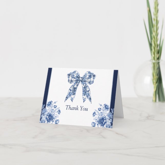 Elegant Blue Floral Coquette Bow Boy Baby Shower Thank You Card (Front)