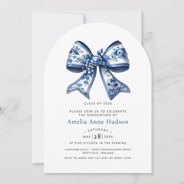 Elegant Blue Floral Coquette Bow Graduation Party Invitation (Front)