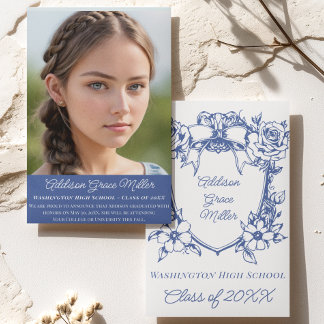 Elegant Blue Floral Coquette Graduation Photo Invitation