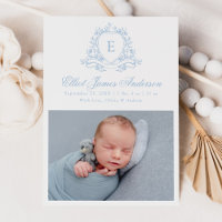 Elegant Blue Floral Crest Monogram 4 Photo Birth