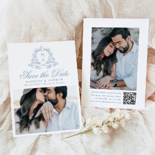Elegant Blue Floral Crest Monogram Photo Wedding Save The Date