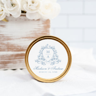 Elegant Blue Floral Crest Monogram Wedding Classic Round Sticker