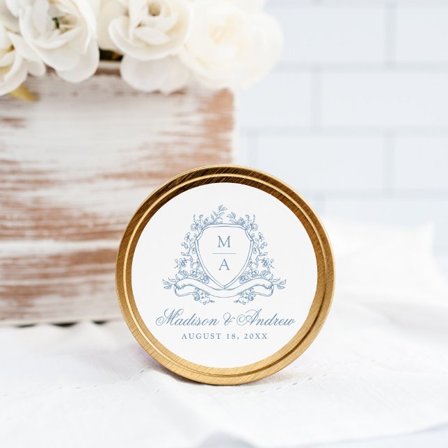 Elegant Blue Floral Crest Monogram Wedding Classic Round Sticker (Creator Uploaded)