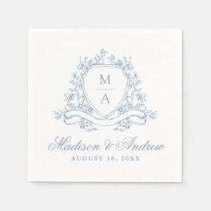 Elegant Blue Floral Crest Monogram Wedding Napkin