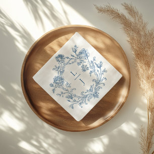 Elegant Blue Floral Crest Monogram Wedding Napkin