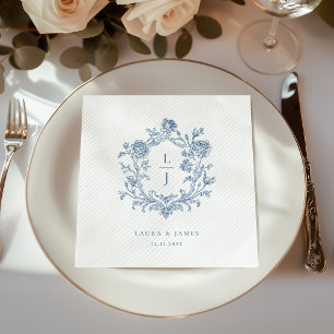 Elegant Blue Floral Crest Monogram Wedding Napkin