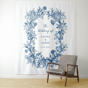 Elegant Blue Floral Crest Monogram Wedding Welcome Tapestry