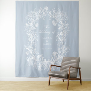 Elegant Blue Floral Crest Monogram Wedding Welcome Tapestry