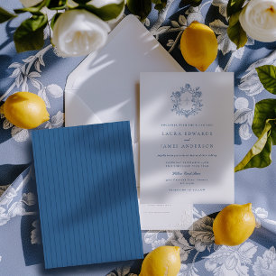Elegant Blue Floral Crest Striped Back Wedding Invitation